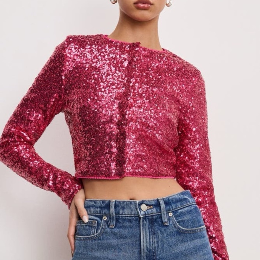 Good American Pink Sequin Crop Cardigan